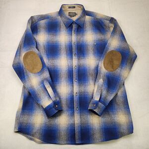 Pendleton Trail Shirt Men's 2XLT Blue Beige Plaid Button Up Wool Elbow Patches